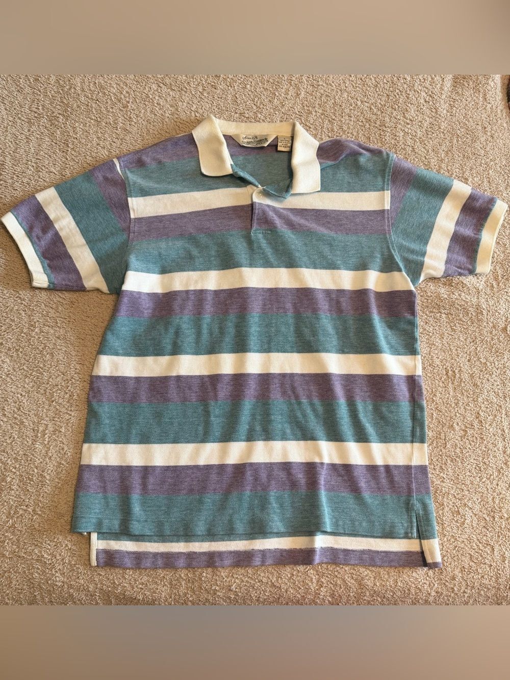 Mens Sears Roebuck Short-Sleeve Polo L in Teal, Lavender & Cream Stripe